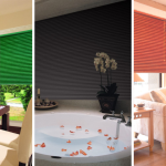 Collage of green, black, and red honeycomb shades in different rooms