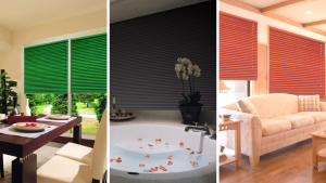 Collage of green, black, and red honeycomb shades in different rooms
